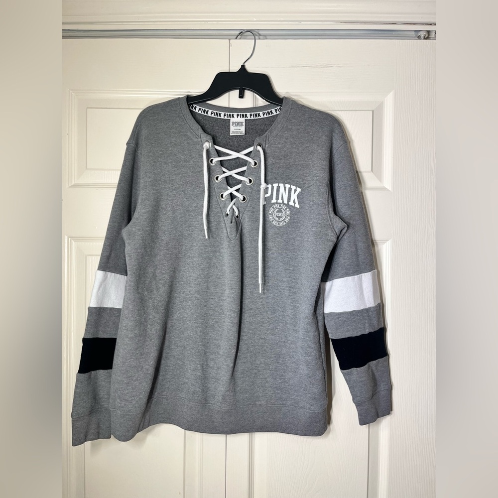 PINK Victoria's Secret Women’s Gray Colorblock Lace Up Sweatshirt Pullover